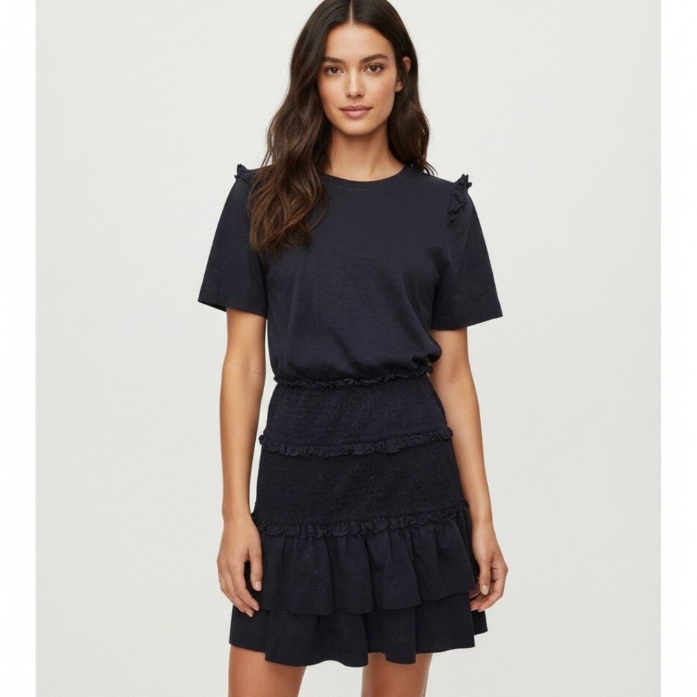 ME+EM Navy Blue Cotton Smocked Tiered Ruffle Mini Dress Women's Size US 6 Casual